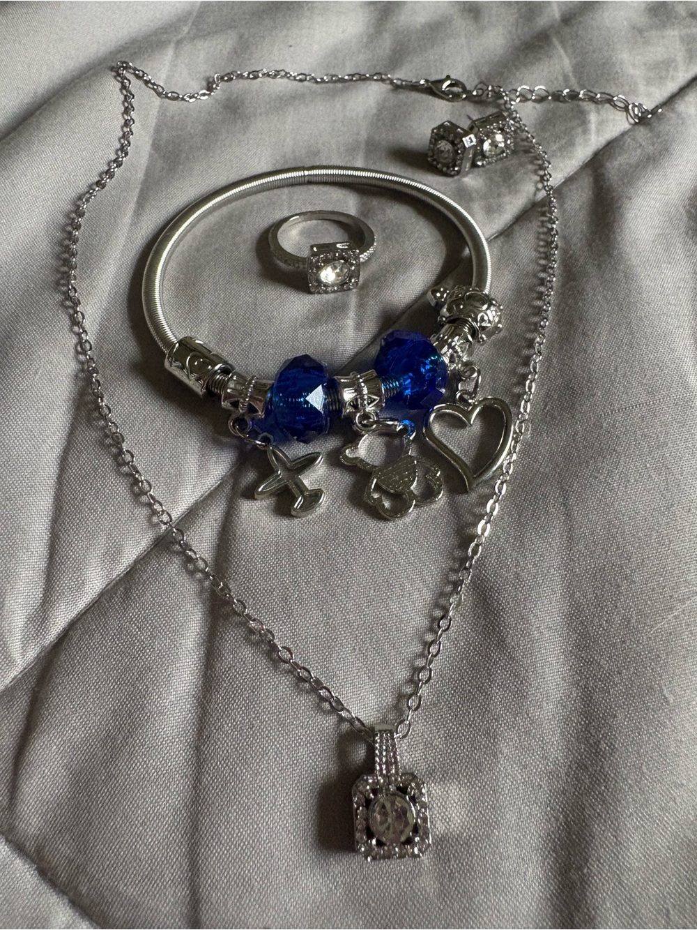 Silver Charm Bracelet with Blue Crystal Beads - Women's Jewelry